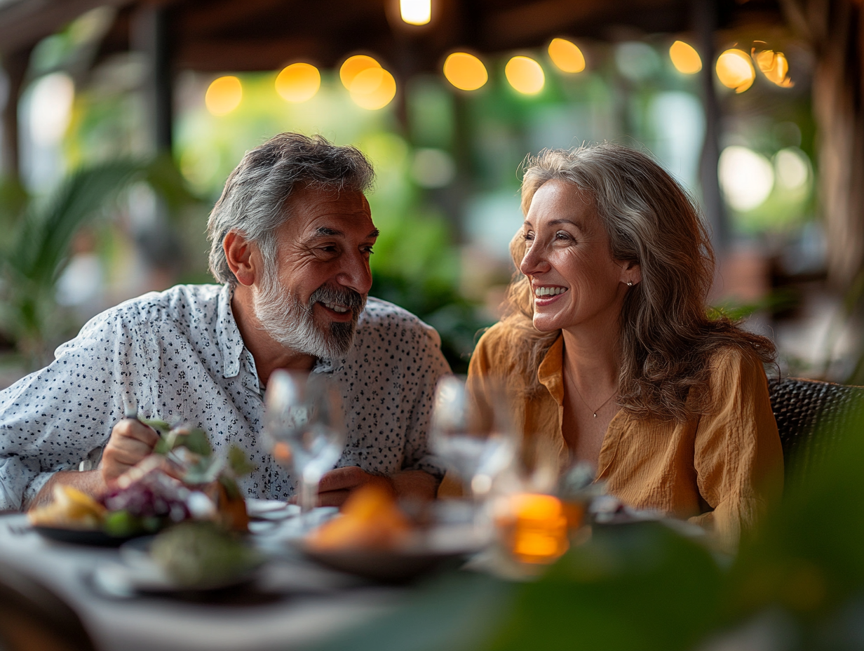 Жінка середнього віку насолоджується свіжим салатом за красиво сервірованим столом